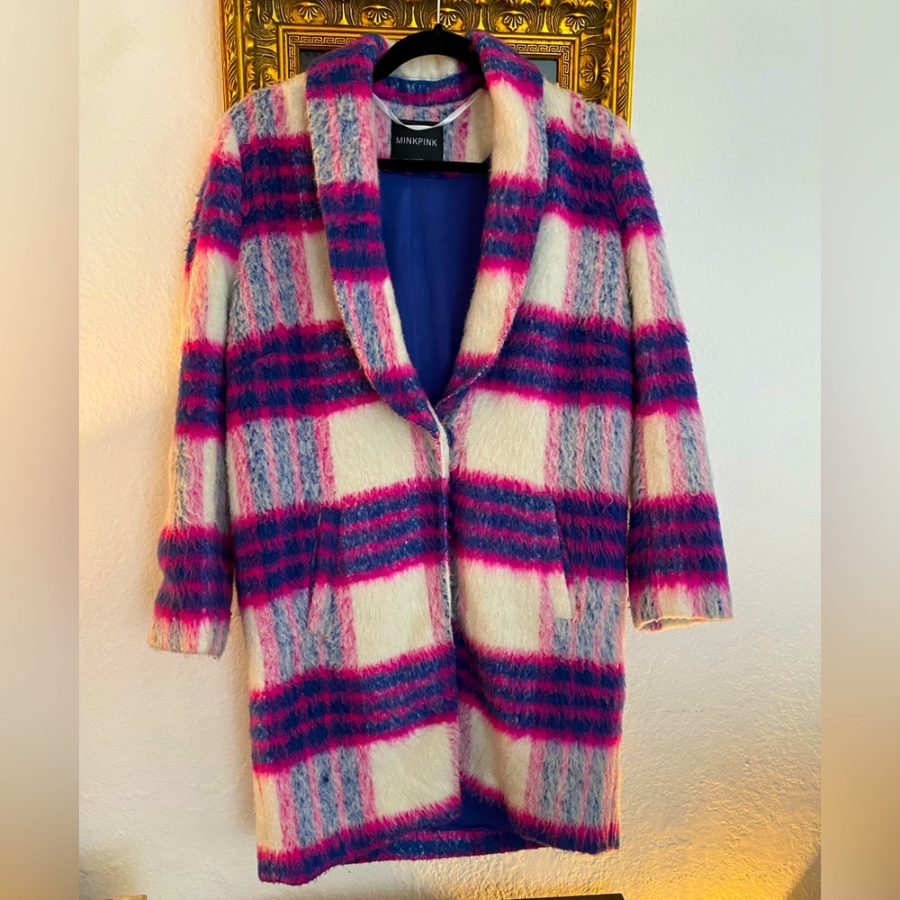 MINKPINK Women's “Rule Breaker” Pink Purple Plaid Check Oversize Jacket Coat